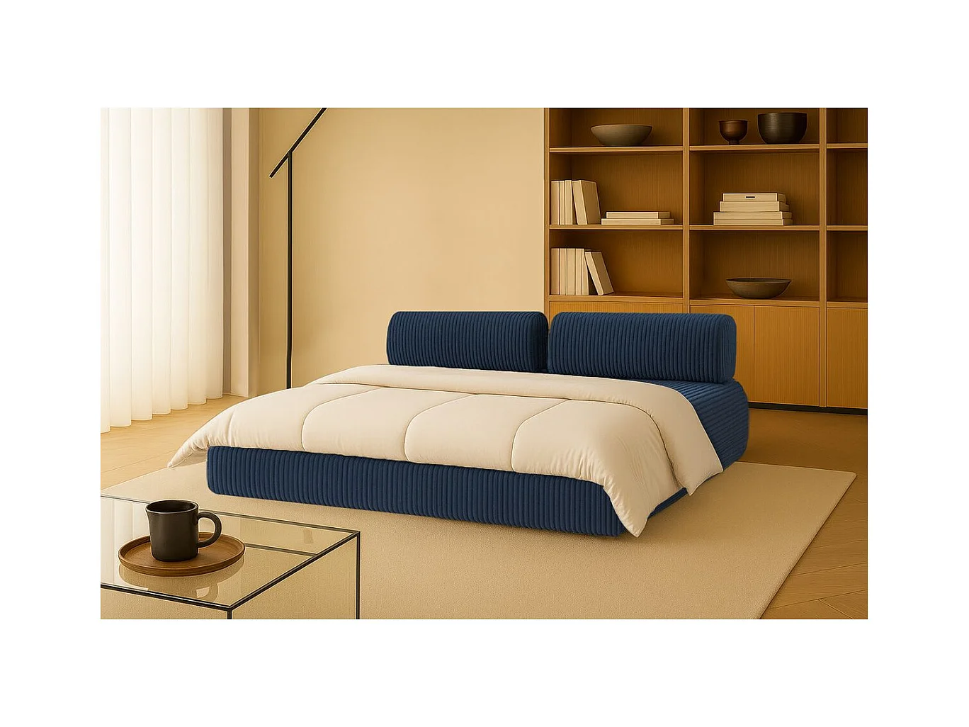 Canapé droit modulable et convertible 3 places - Velours côtelé XL - Bleu