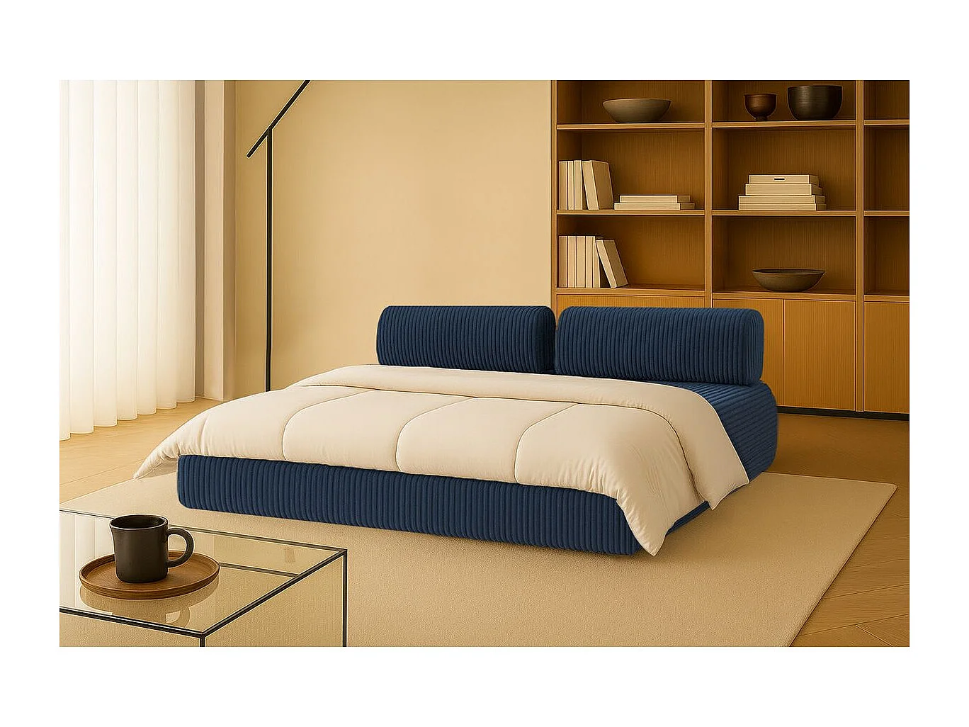 Canapé droit modulable et convertible 3 places - Velours côtelé XL - Bleu