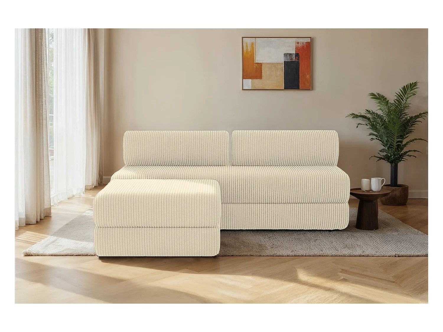 Canapé d'angle modulable et convertible 4 places - Velours côtelé - Beige