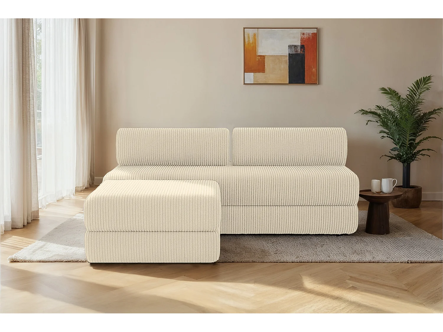 Canapé d'angle modulable et convertible 4 places - Velours côtelé - Beige