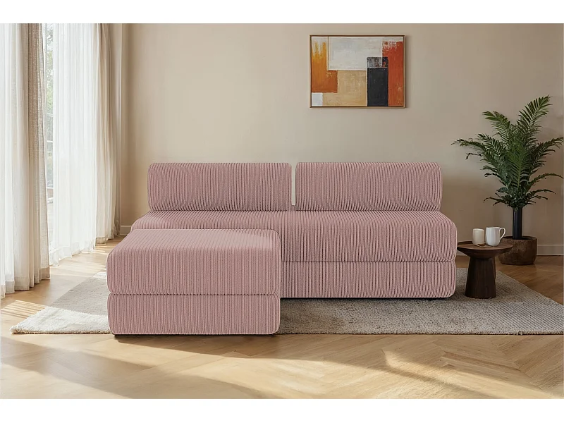 Canapé d'angle modulable et convertible 4 places - Velours côtelé - Rose pâle