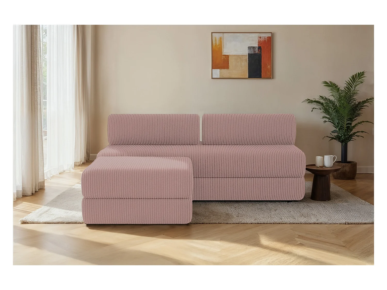 Canapé d'angle modulable et convertible 4 places - Velours côtelé - Rose pâle