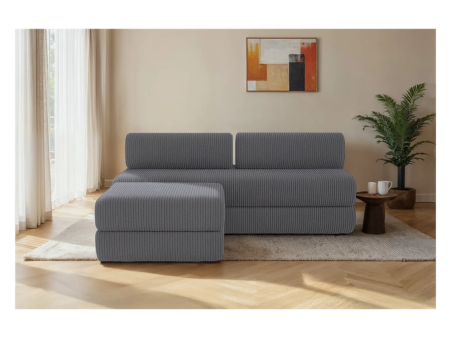 Canapé d'angle modulable et convertible 4 places - Velours côtelé - Gris