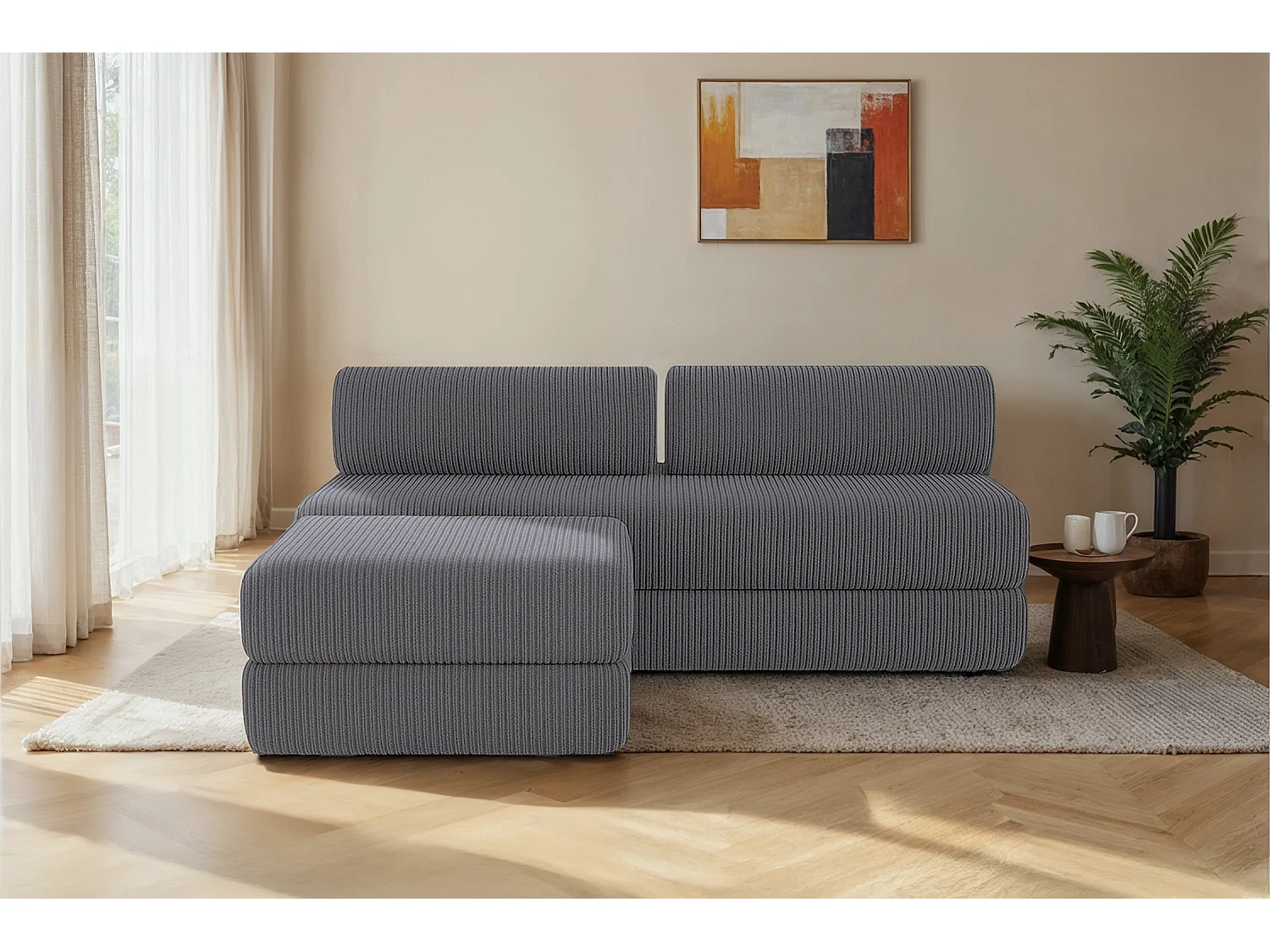 Canapé d'angle modulable et convertible 4 places - Velours côtelé - Gris