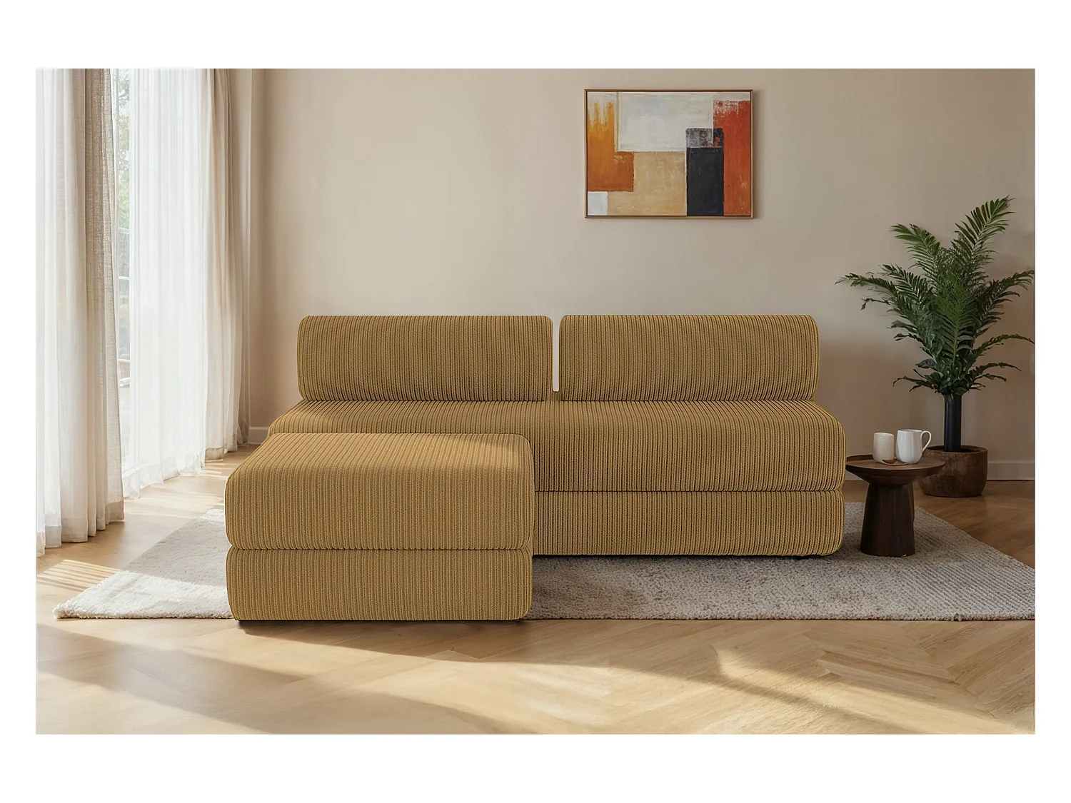 Canapé d'angle modulable et convertible 4 places - Velours côtelé - Jaune