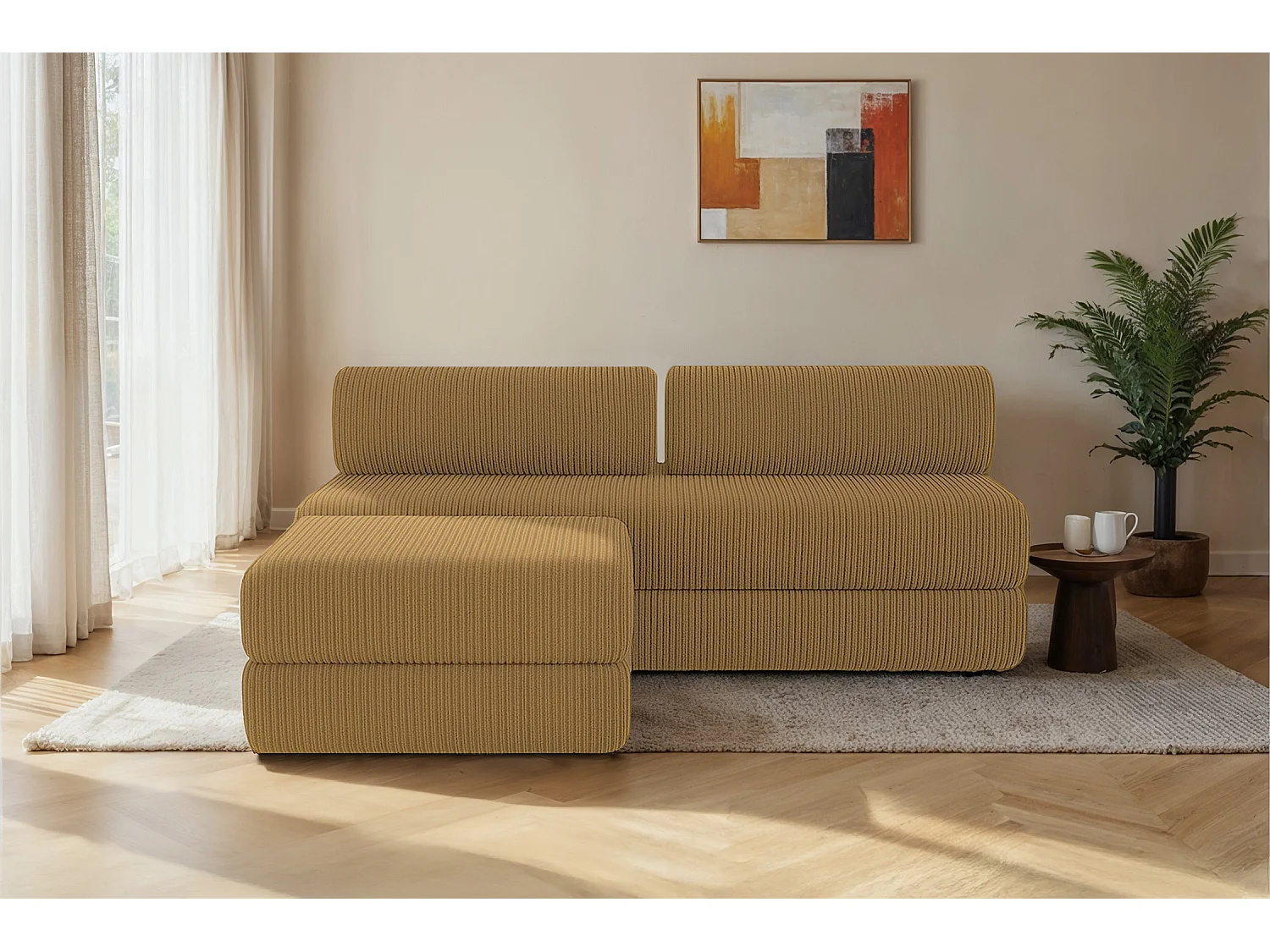 Canapé d'angle modulable et convertible 4 places - Velours côtelé - Jaune