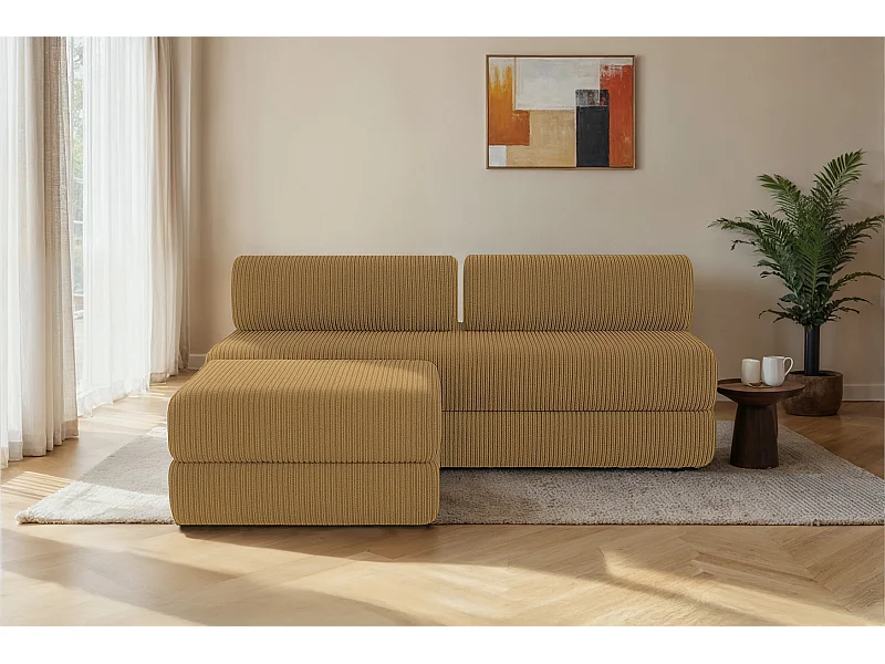 Canapé d'angle modulable et convertible 4 places - Velours côtelé - Jaune