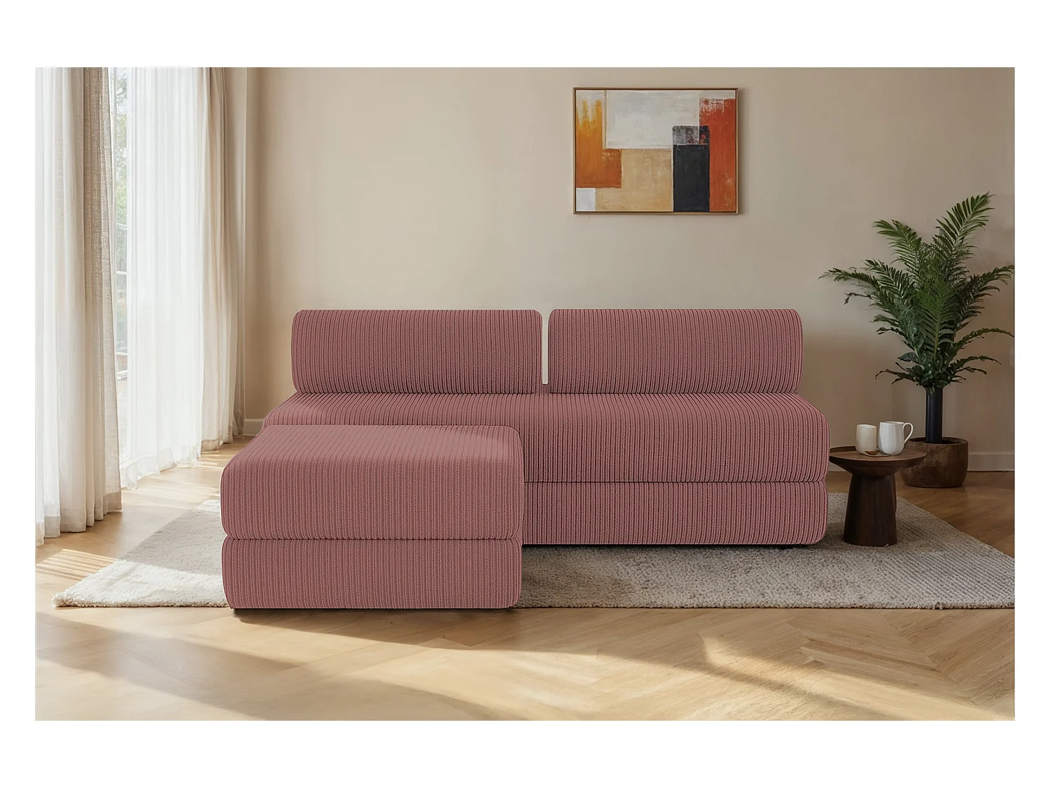 Canapé d'angle modulable et convertible 4 places - Velours côtelé - Rose