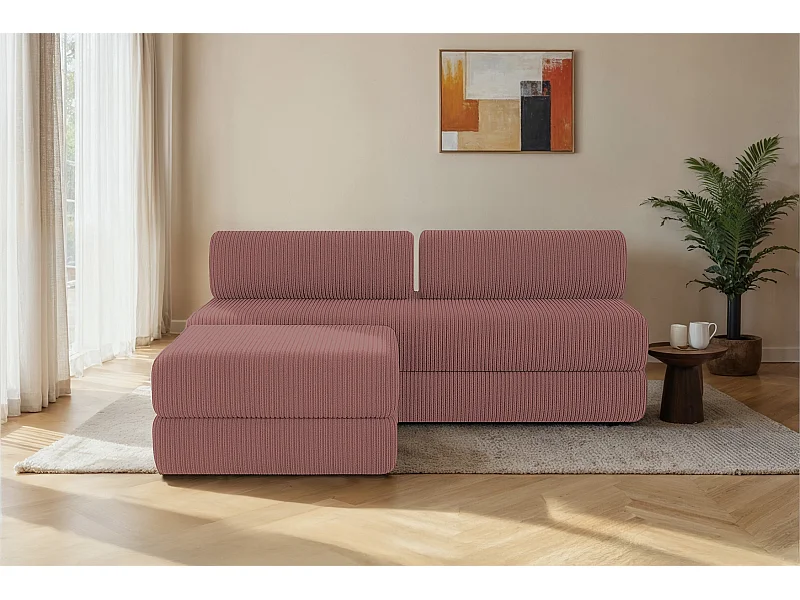 Canapé d'angle modulable et convertible 4 places - Velours côtelé - Rose