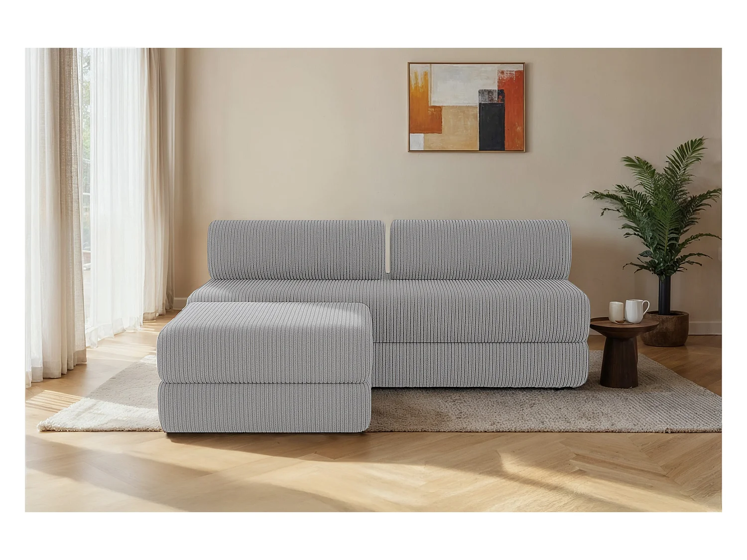 Canapé d'angle modulable et convertible 4 places - Velours côtelé - Gris clair