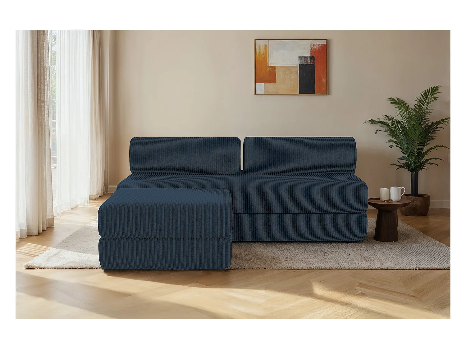 Canapé d'angle modulable et convertible 4 places - Velours côtelé - Bleu