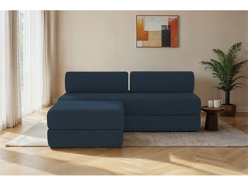 Canapé d'angle modulable et convertible 4 places - Velours côtelé - Bleu