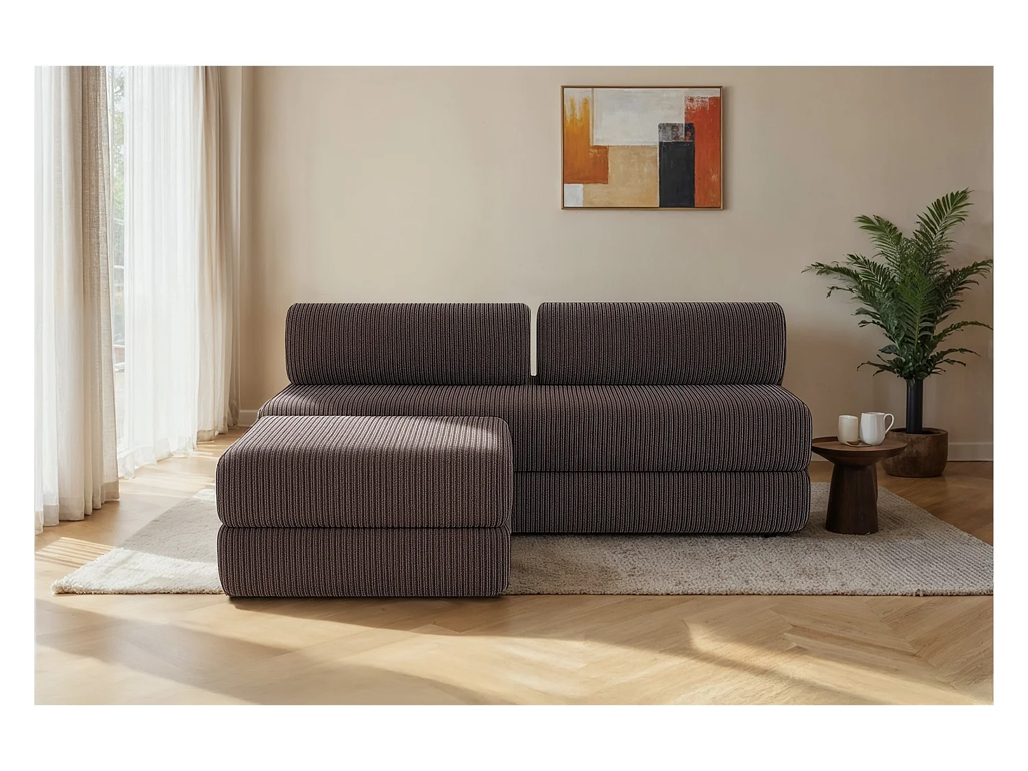 Canapé droit modulable et convertible 4 places - Velours côtelé - Marron