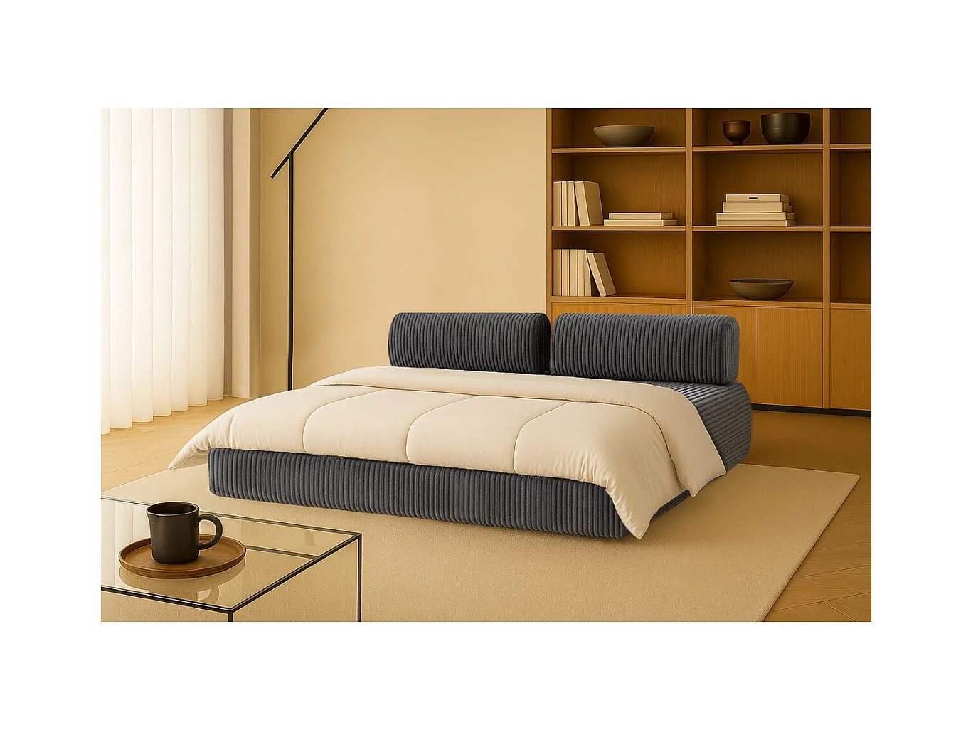 Canapé droit modulable et convertible 3 places - Velours côtelé XL - Gris