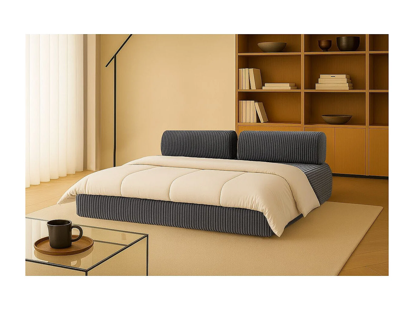 Canapé droit modulable et convertible 3 places - Velours côtelé XL - Gris