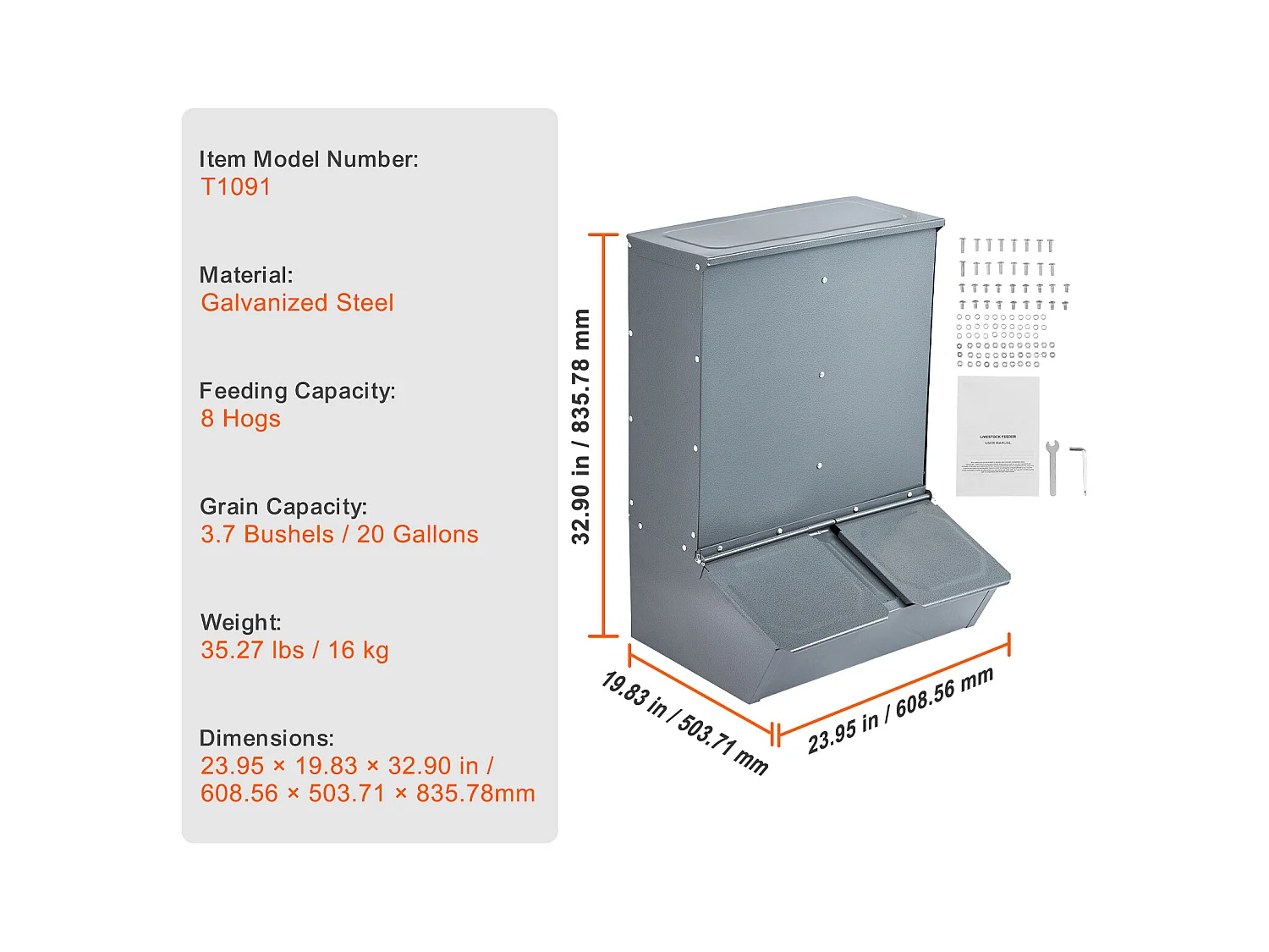 Comedouro para Porcos SucceBuy, 130 L, Porta Dupla de Metal Capaz de Acolher Até 8 Porcos