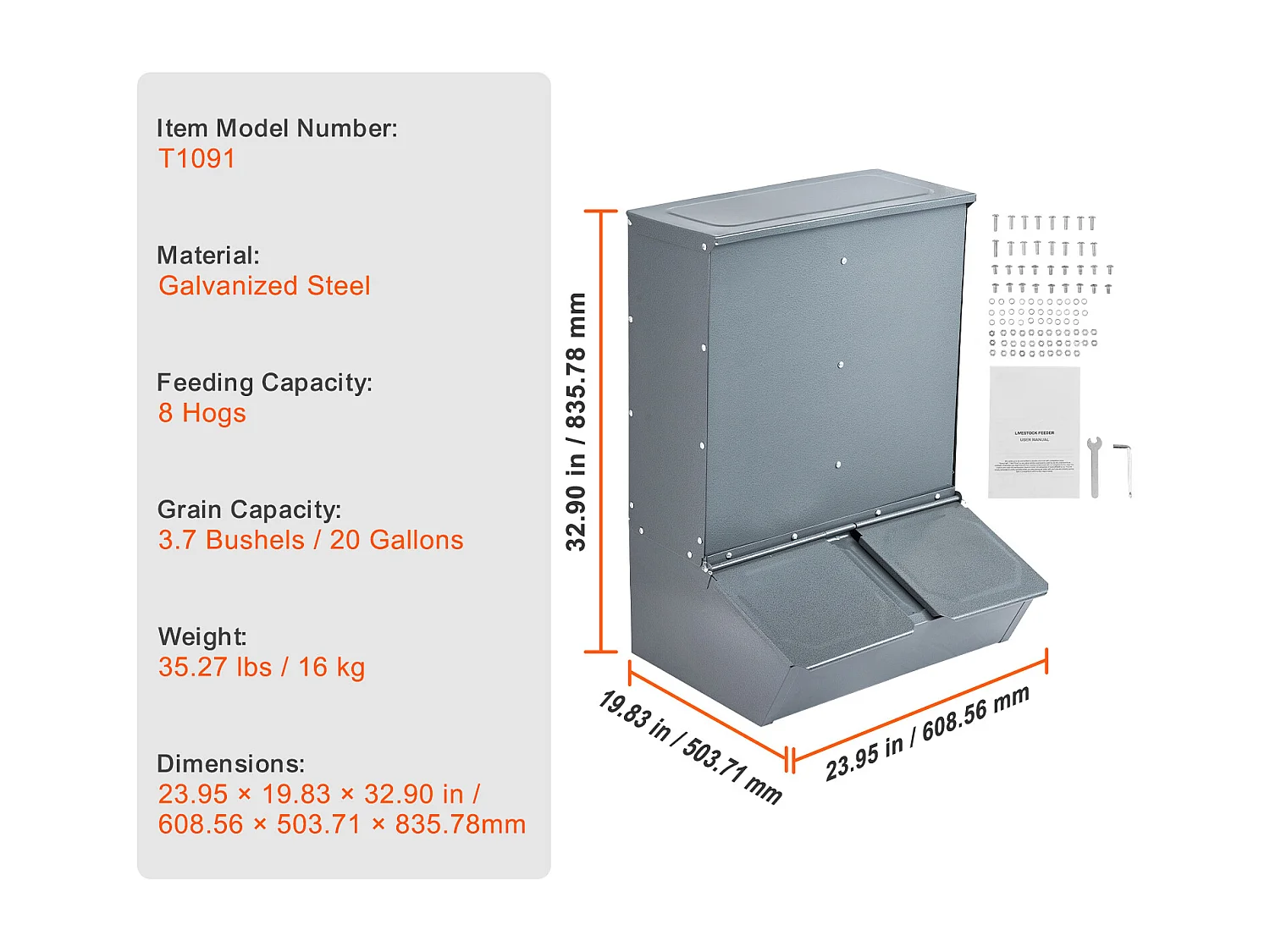 Mangeoire à Porcs SucceBuy, 130 L, Double Porte en Métal Pouvant Accueillir Jusqu'à 8 Porcs