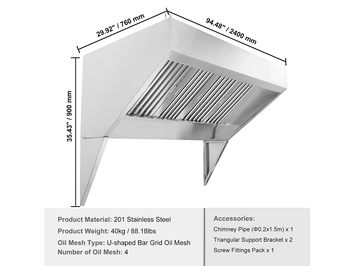 Hotte de Cuisine SucceBuy Commerciale 20.32CM Camion Alimentaire 201 en Acier Inoxydable, Filtres à Grille Amovibles en Forme de U, Résistant à la Rouille