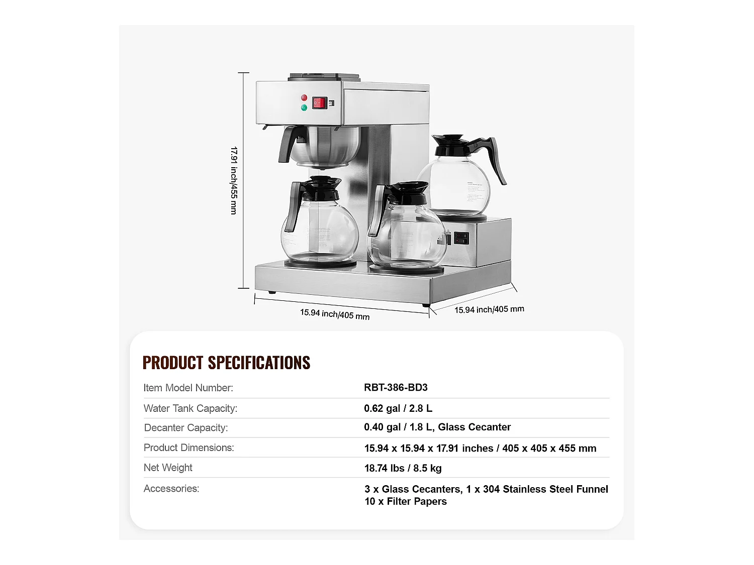 Cafetière à Filtre SucceBuy Commerciale 12 Tasses avec 3 Carafes et 3 Réchauds, Prise d'Eau Automatique pour Restaurant, Bureau, Café