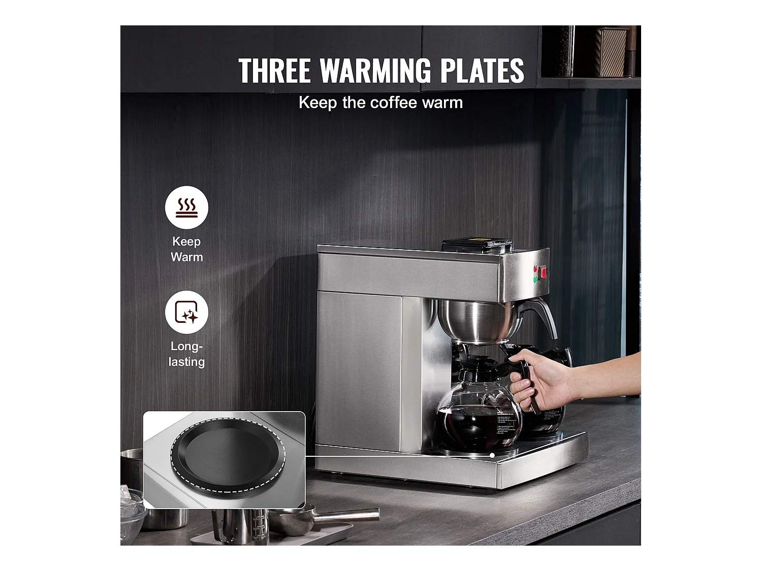 Cafetière à Filtre SucceBuy Commerciale 12 Tasses avec 3 Carafes et 3 Réchauds, Prise d'Eau Automatique pour Restaurant, Bureau, Café