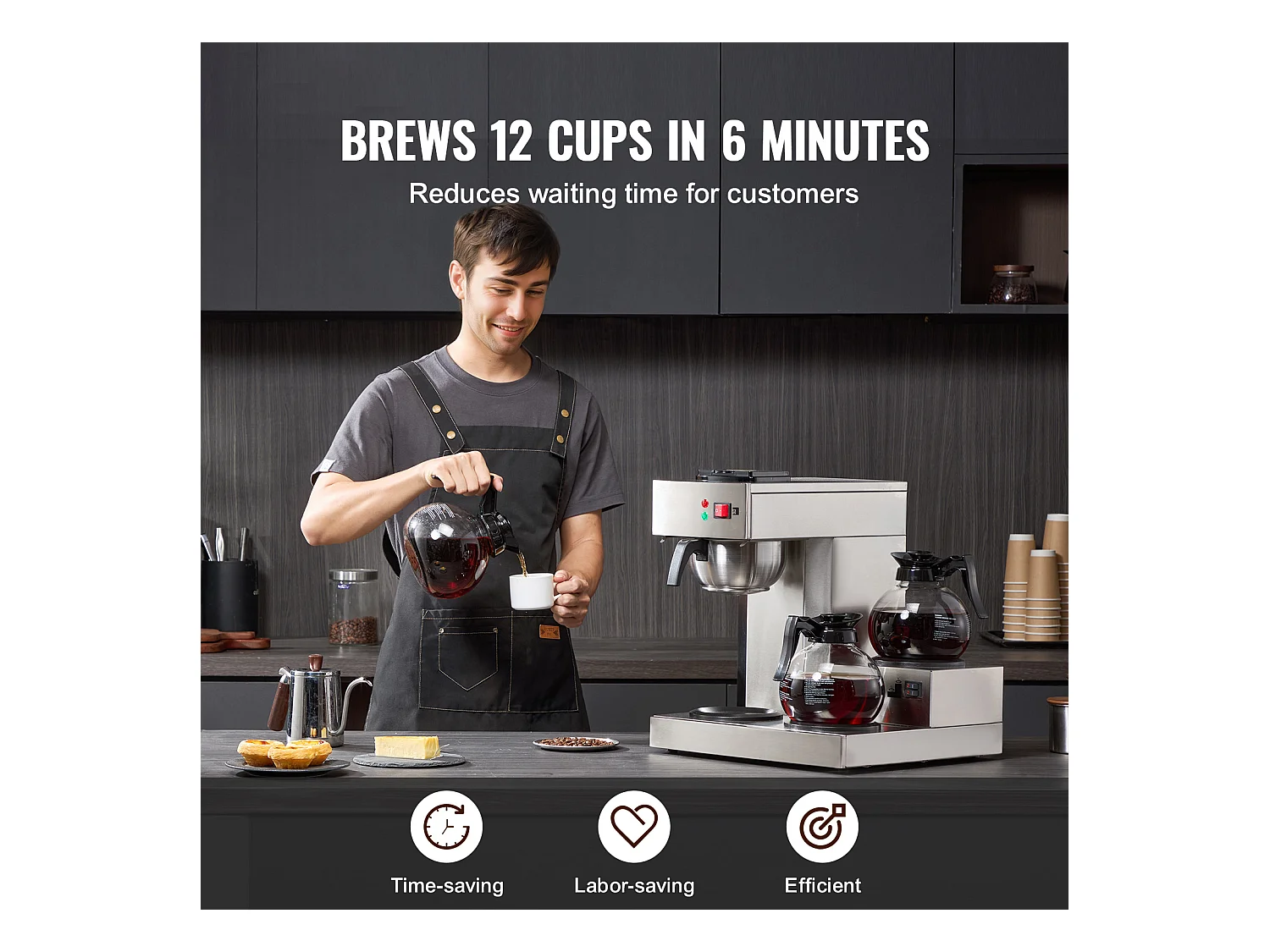 Cafetière à Filtre SucceBuy Commerciale 12 Tasses avec 3 Carafes et 3 Réchauds, Prise d'Eau Automatique pour Restaurant, Bureau, Café