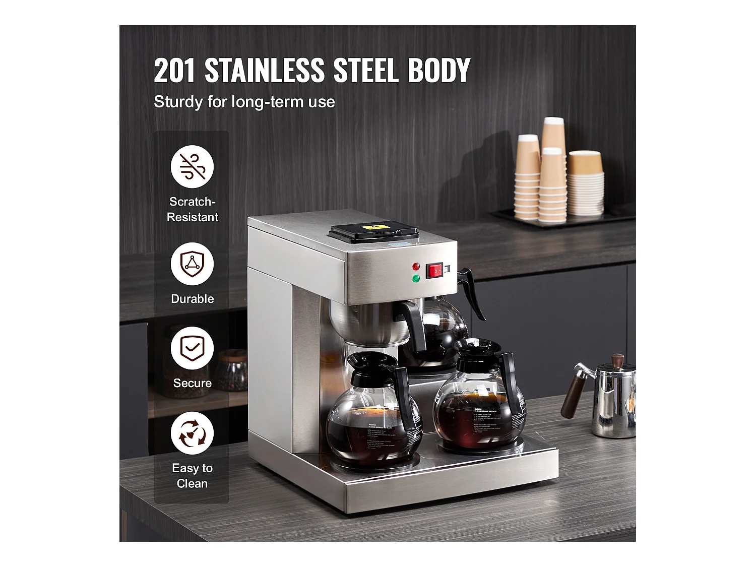 Cafetière à Filtre SucceBuy Commerciale 12 Tasses avec 3 Carafes et 3 Réchauds, Prise d'Eau Automatique pour Restaurant, Bureau, Café