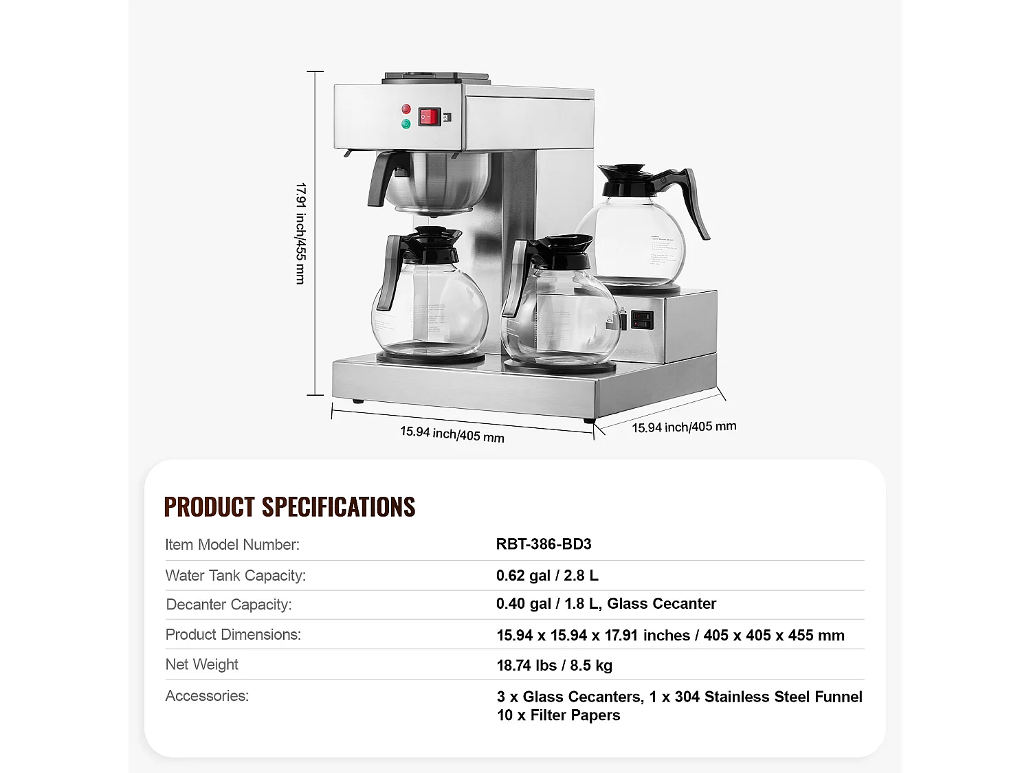 Cafetière à Filtre SucceBuy Commerciale 12 Tasses avec 3 Carafes et 3 Réchauds, Prise d'Eau Automatique pour Restaurant, Bureau, Café