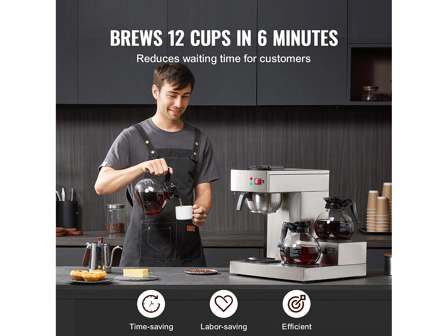 Cafetière à Filtre SucceBuy Commerciale 12 Tasses avec 3 Carafes et 3 Réchauds, Prise d'Eau Automatique pour Restaurant, Bureau, Café