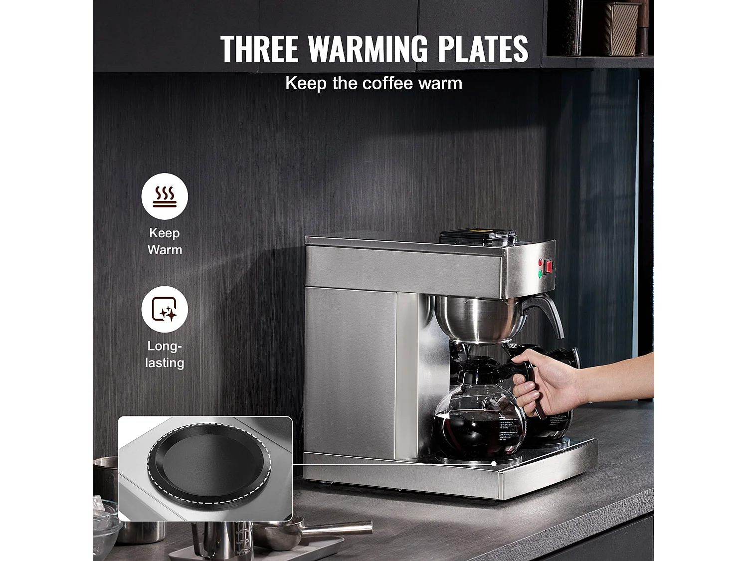 Cafetière à Filtre SucceBuy Commerciale 12 Tasses avec 3 Carafes et 3 Réchauds, Prise d'Eau Automatique pour Restaurant, Bureau, Café