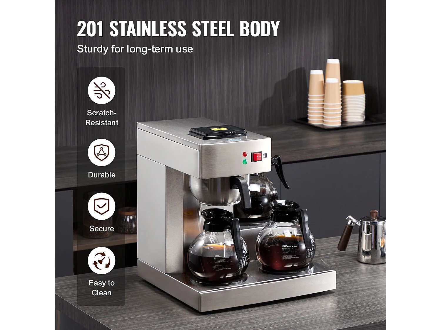 Cafetière à Filtre SucceBuy Commerciale 12 Tasses avec 3 Carafes et 3 Réchauds, Prise d'Eau Automatique pour Restaurant, Bureau, Café