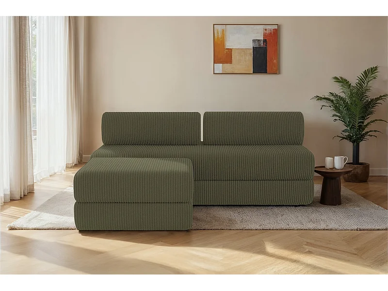 Canapé d'angle modulable et convertible 4 places - Velours côtelé - Vert