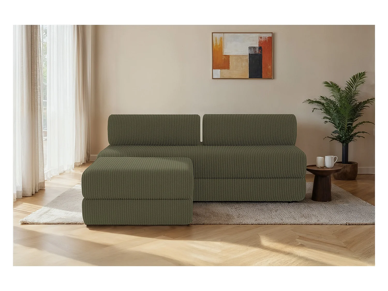 Canapé d'angle modulable et convertible 4 places - Velours côtelé - Vert