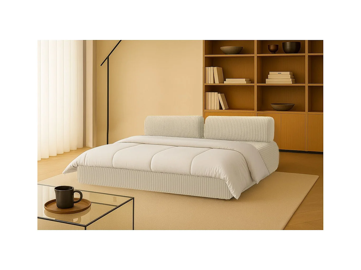 Canapé droit modulable et convertible 3 places - Velours côtelé XL - Beige