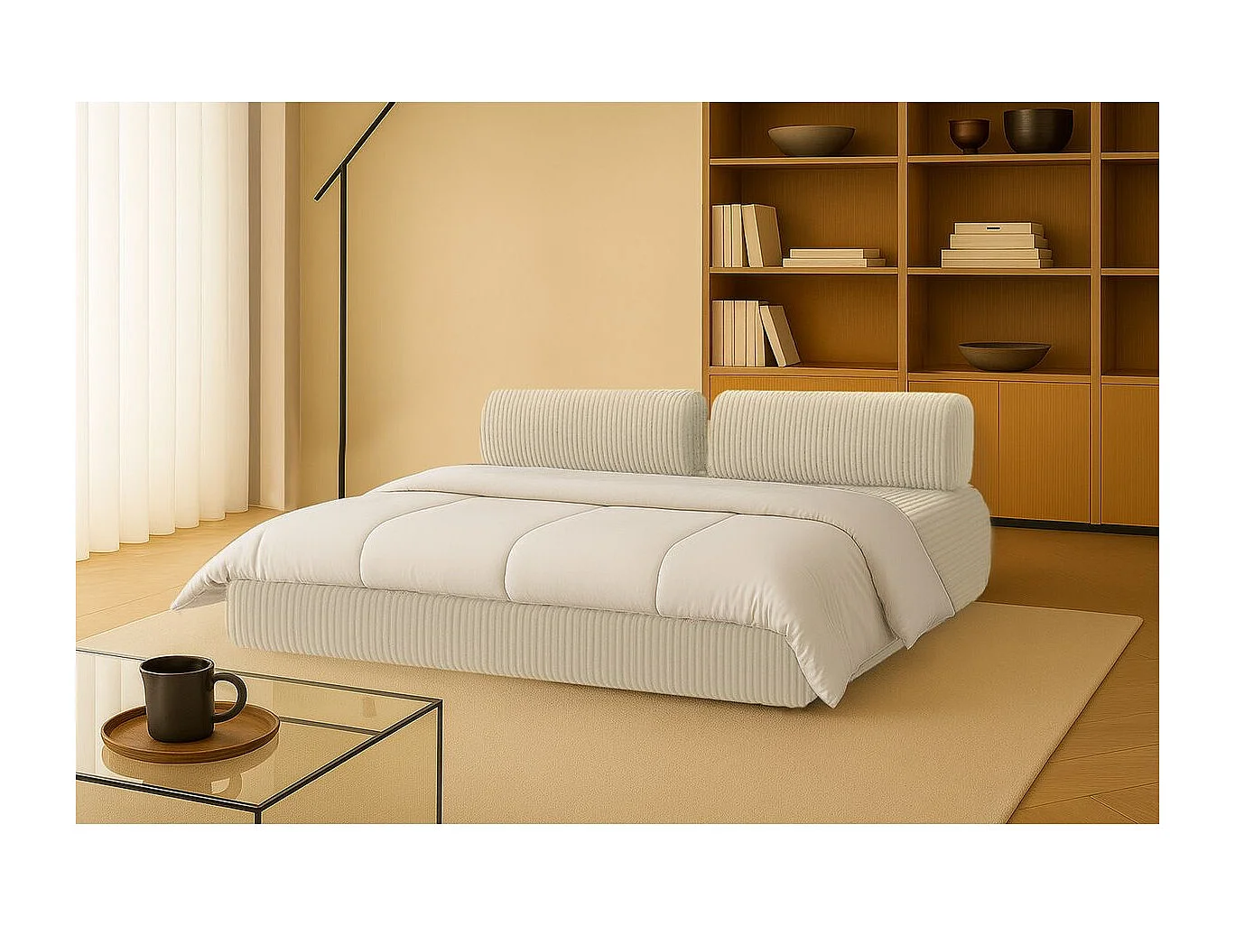 Canapé droit modulable et convertible 3 places - Velours côtelé XL - Beige