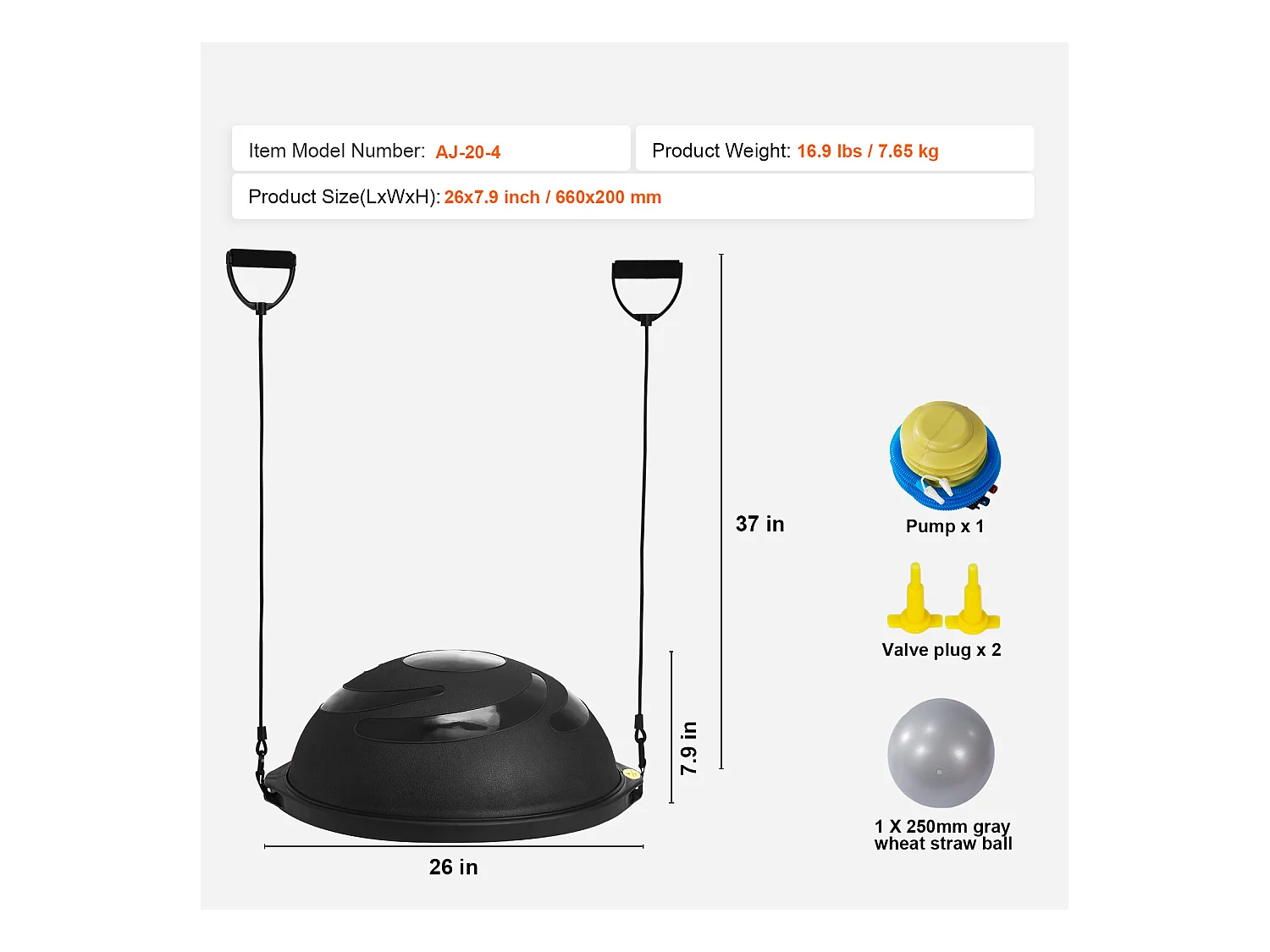 Ballons d'Exercice SucceBuy, Demi-Ballon d'Exercice d'Entraînement, 66 cm, Capacité de 680 kg, avec Bandes de Résistance et Pompe à Pied, Noir