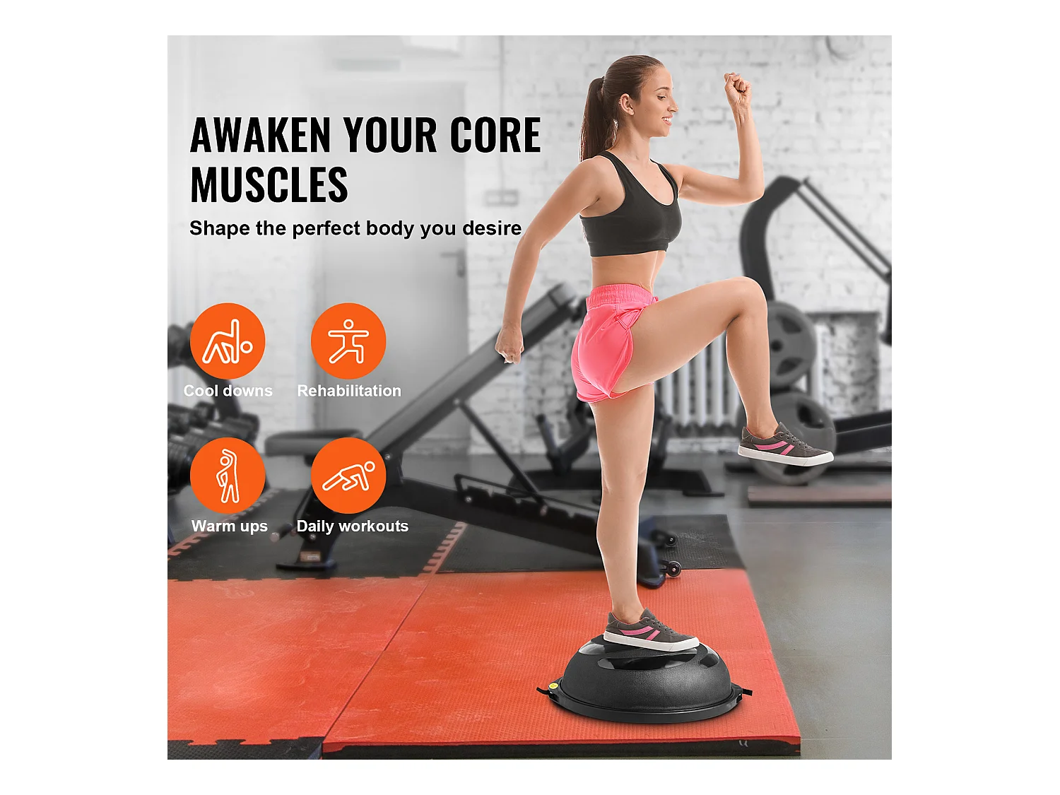 Ballons d'Exercice SucceBuy, Demi-Ballon d'Exercice d'Entraînement, 66 cm, Capacité de 680 kg, avec Bandes de Résistance et Pompe à Pied, Noir