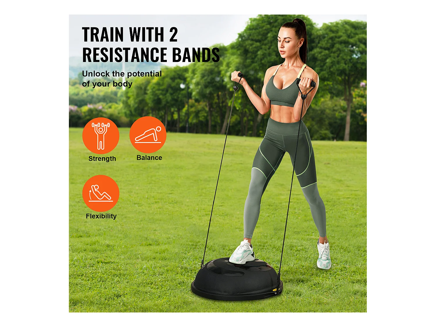 Ballons d'Exercice SucceBuy, Demi-Ballon d'Exercice d'Entraînement, 66 cm, Capacité de 680 kg, avec Bandes de Résistance et Pompe à Pied, Noir