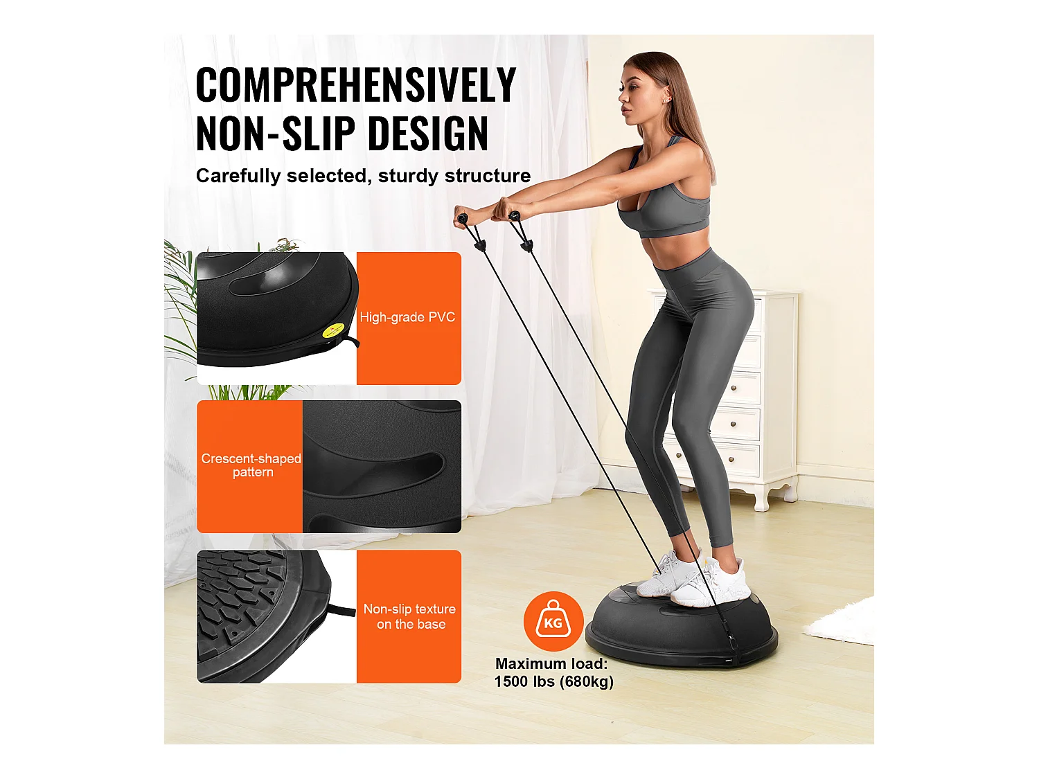 Ballons d'Exercice SucceBuy, Demi-Ballon d'Exercice d'Entraînement, 66 cm, Capacité de 680 kg, avec Bandes de Résistance et Pompe à Pied, Noir