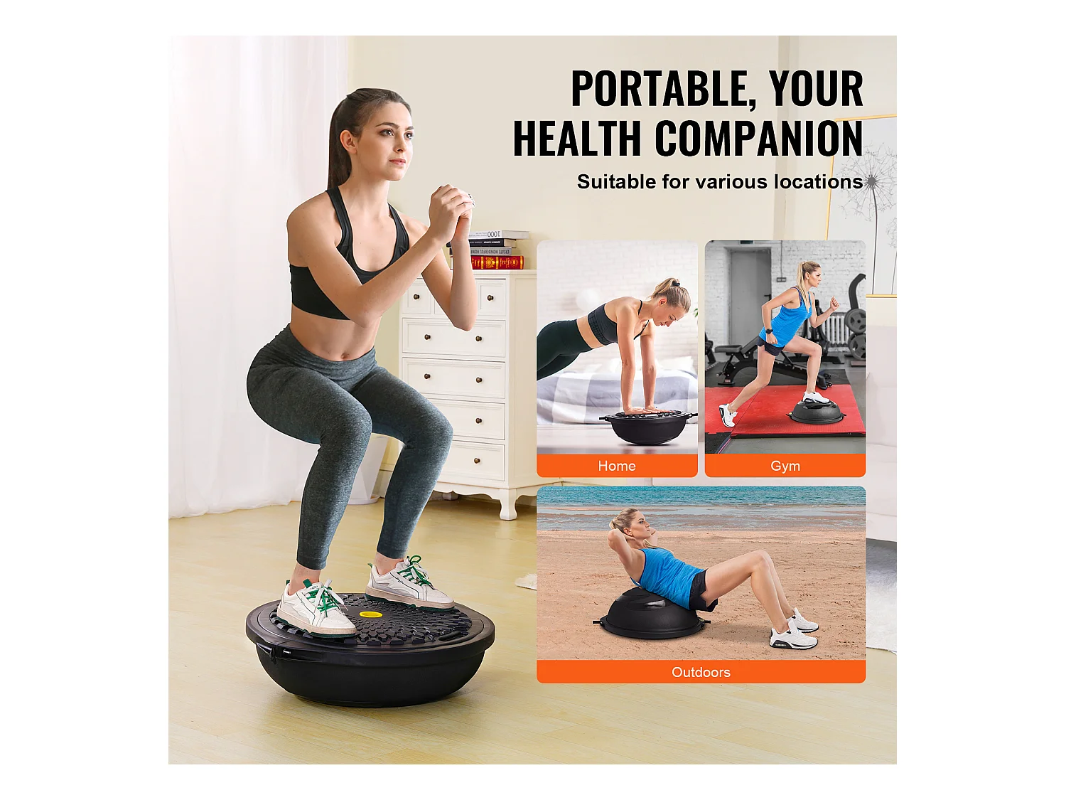 Ballons d'Exercice SucceBuy, Demi-Ballon d'Exercice d'Entraînement, 66 cm, Capacité de 680 kg, avec Bandes de Résistance et Pompe à Pied, Noir