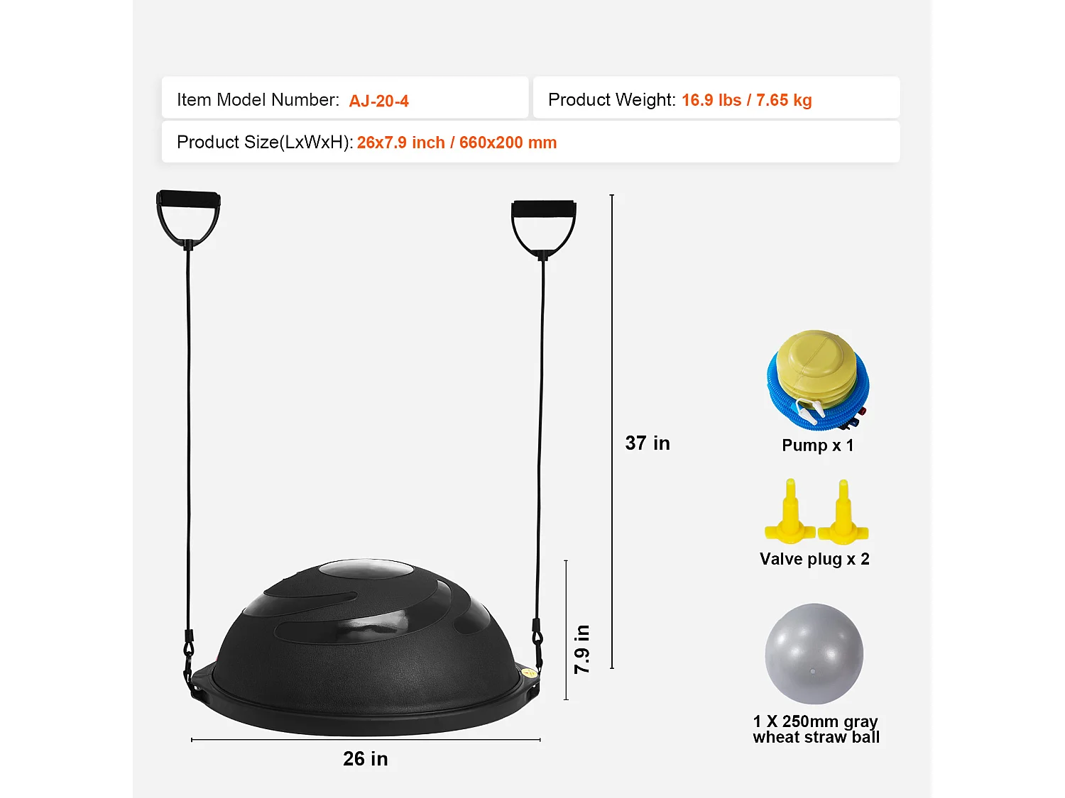 Ballons d'Exercice SucceBuy, Demi-Ballon d'Exercice d'Entraînement, 66 cm, Capacité de 680 kg, avec Bandes de Résistance et Pompe à Pied, Noir