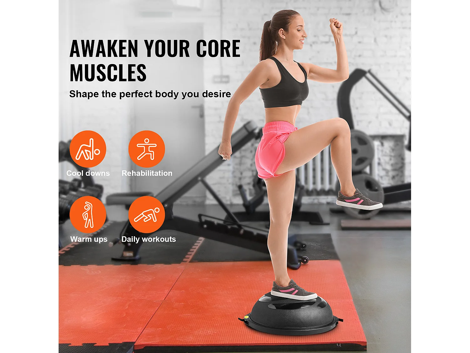 Ballons d'Exercice SucceBuy, Demi-Ballon d'Exercice d'Entraînement, 66 cm, Capacité de 680 kg, avec Bandes de Résistance et Pompe à Pied, Noir