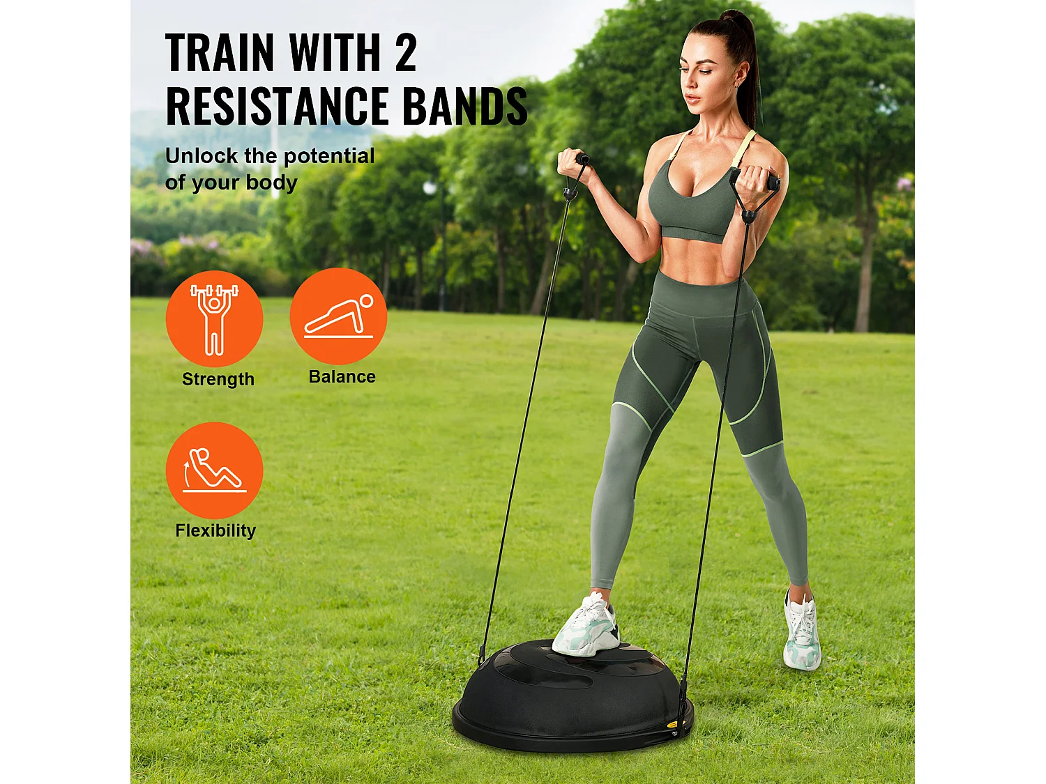 Ballons d'Exercice SucceBuy, Demi-Ballon d'Exercice d'Entraînement, 66 cm, Capacité de 680 kg, avec Bandes de Résistance et Pompe à Pied, Noir