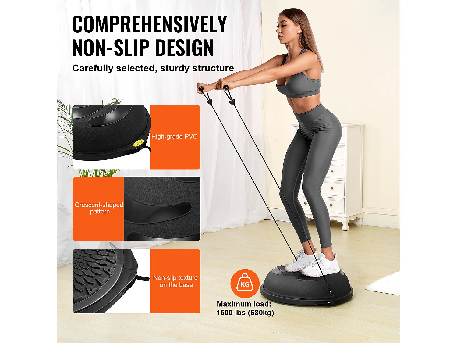 Ballons d'Exercice SucceBuy, Demi-Ballon d'Exercice d'Entraînement, 66 cm, Capacité de 680 kg, avec Bandes de Résistance et Pompe à Pied, Noir