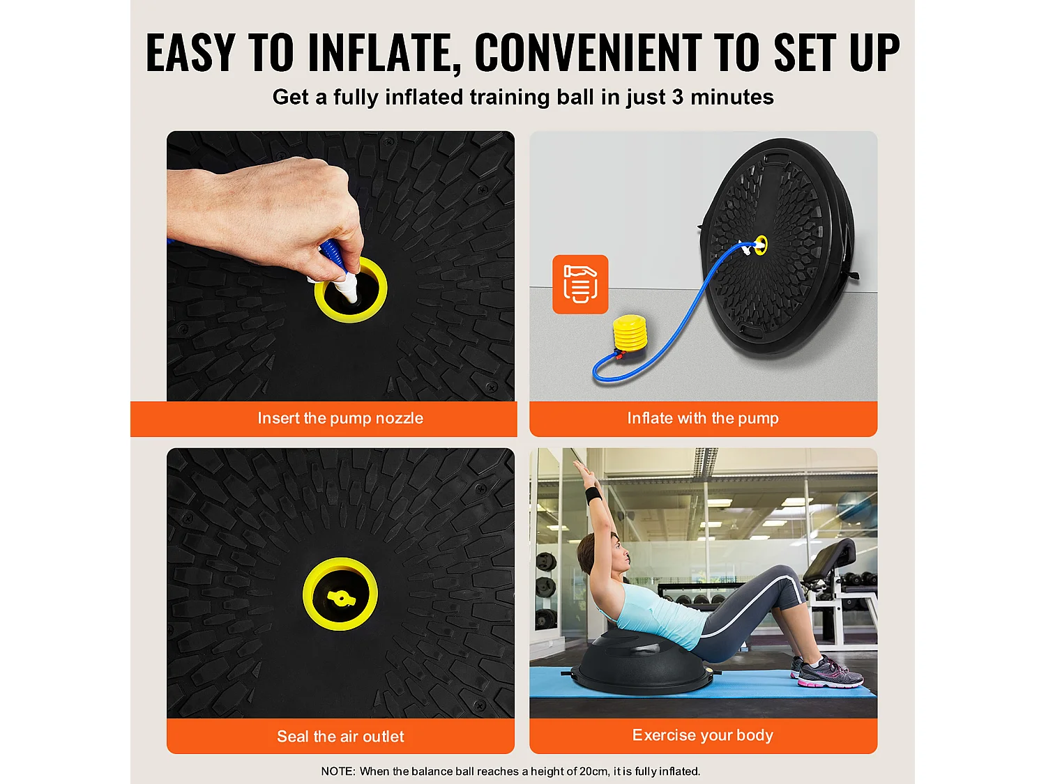 Ballons d'Exercice SucceBuy, Demi-Ballon d'Exercice d'Entraînement, 66 cm, Capacité de 680 kg, avec Bandes de Résistance et Pompe à Pied, Noir