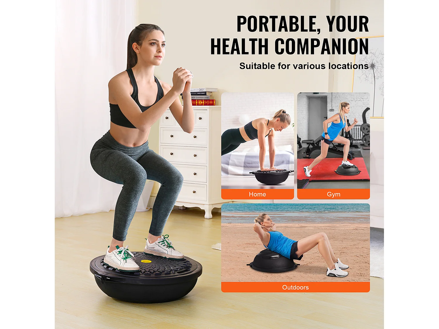 Ballons d'Exercice SucceBuy, Demi-Ballon d'Exercice d'Entraînement, 66 cm, Capacité de 680 kg, avec Bandes de Résistance et Pompe à Pied, Noir