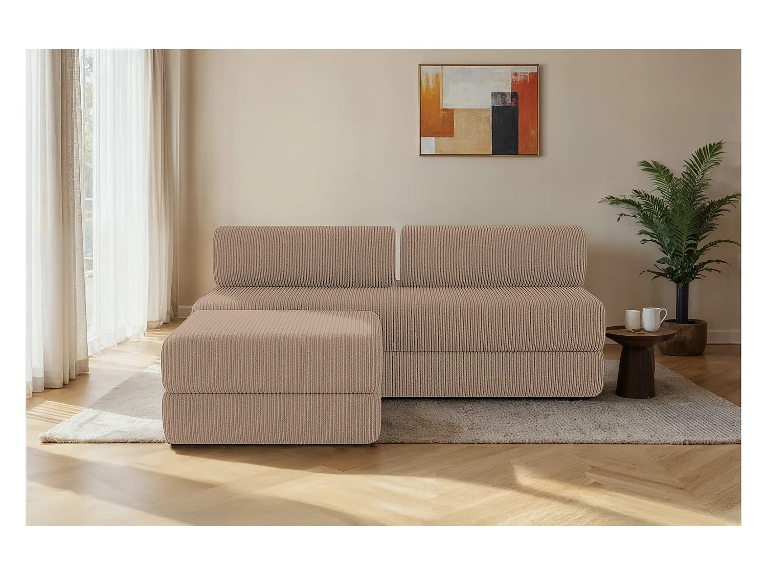 Canapé d'angle modulable et convertible 4 places - Velours côtelé - Taupe