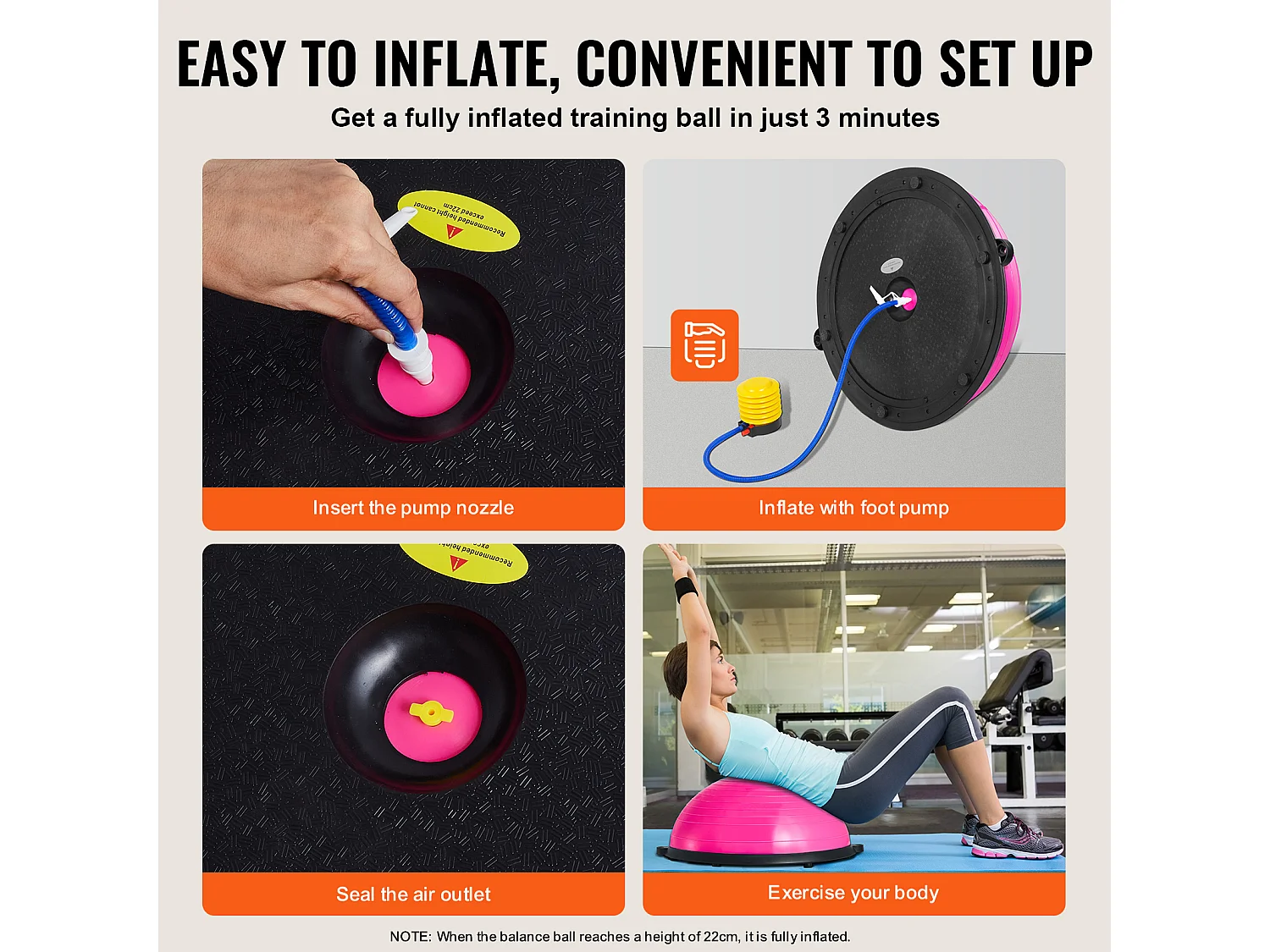 Ballons d'Exercice SucceBuy, Half Exercise Ball Trainer, 58 cm, Capacité de 300 kg, Rose