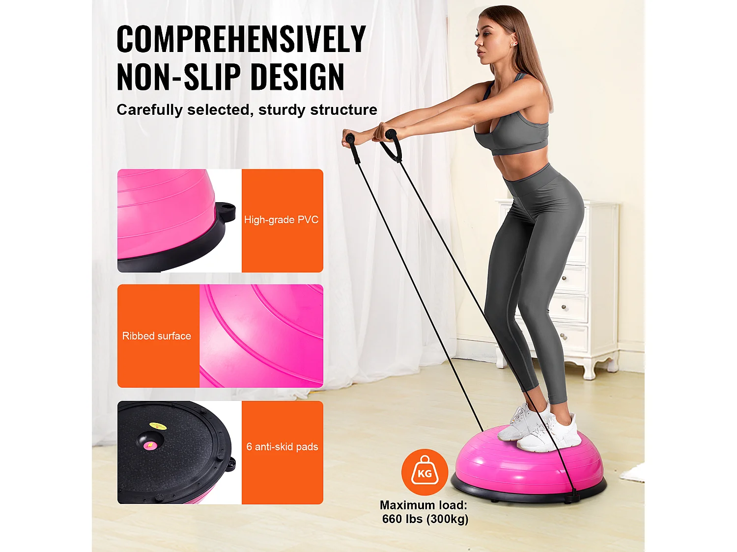 Ballons d'Exercice SucceBuy, Half Exercise Ball Trainer, 58 cm, Capacité de 300 kg, Rose