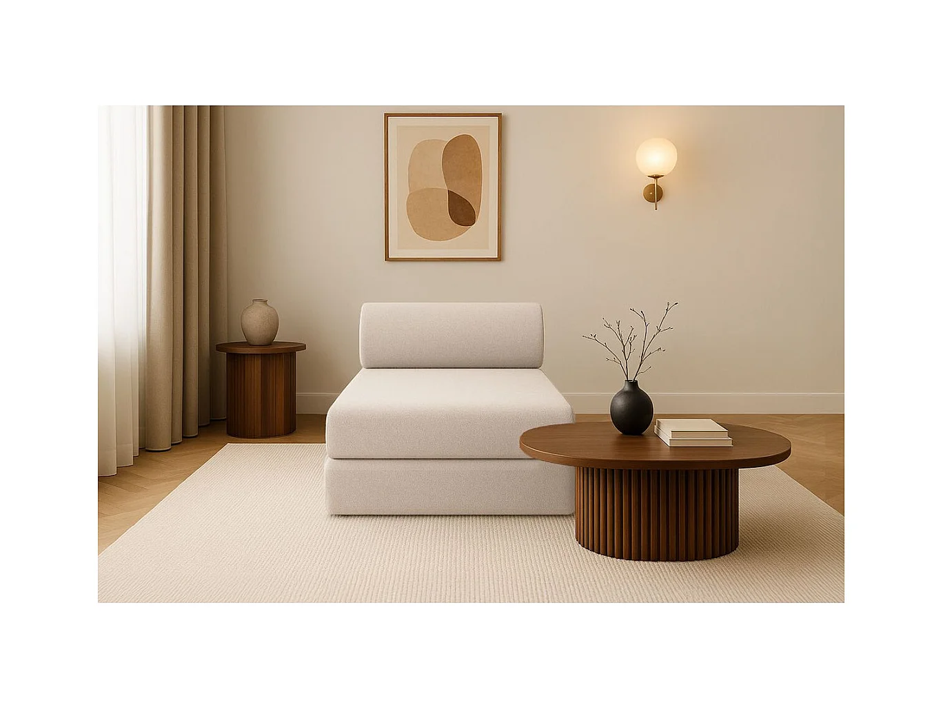 Méridienne modulable et convertible - Tissu lisse - Beige