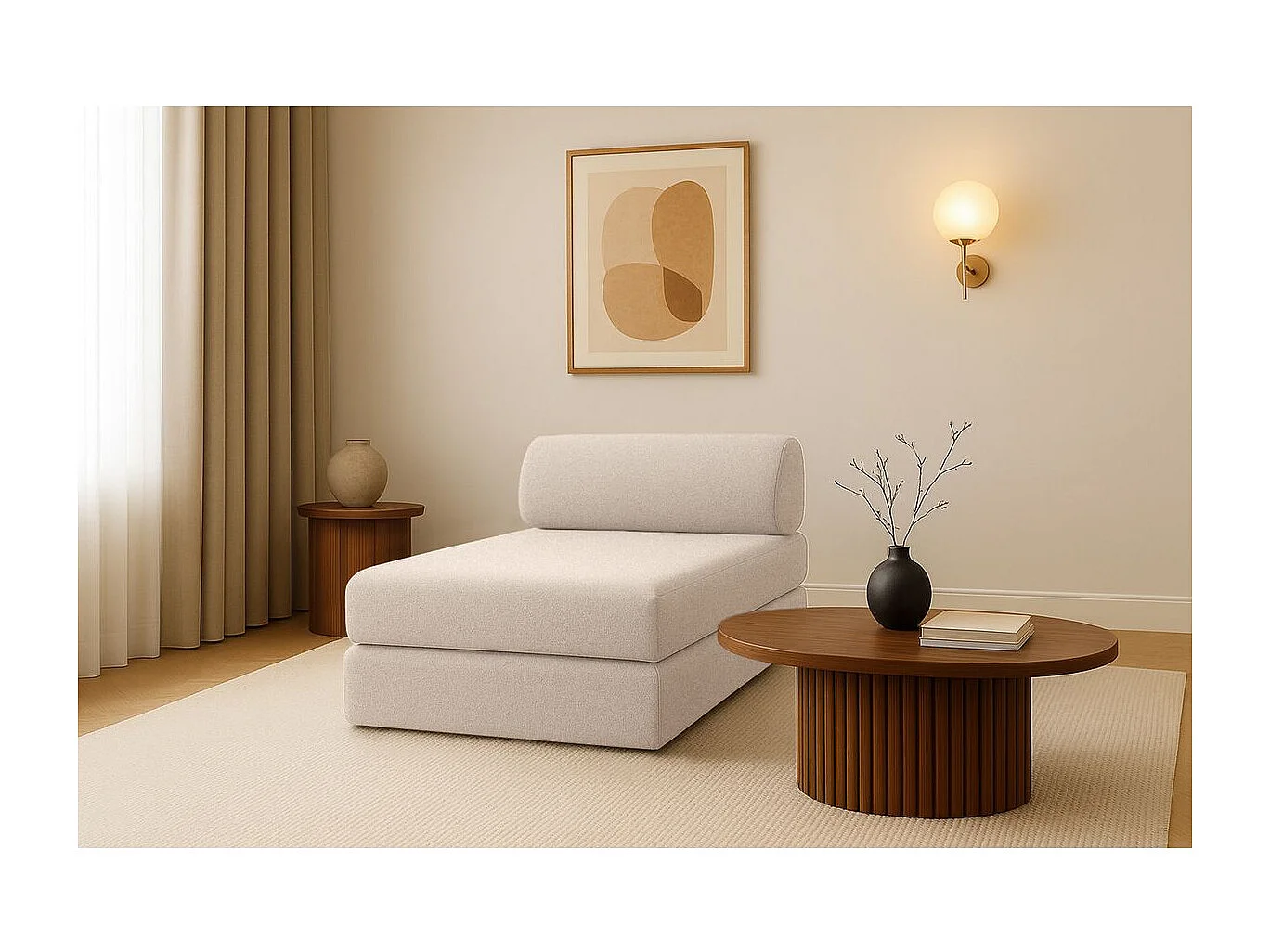 Méridienne modulable et convertible - Tissu lisse - Beige